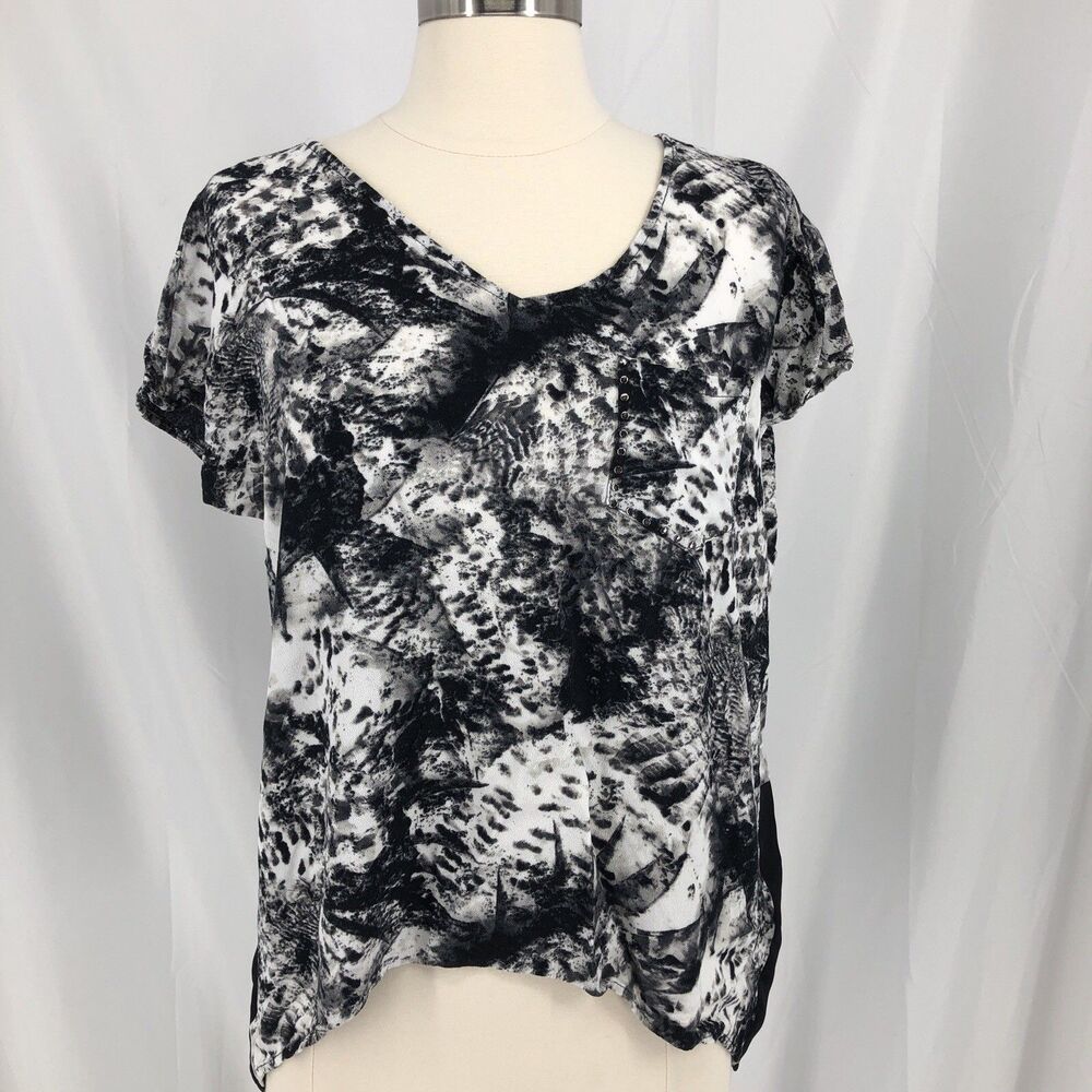Rock & Republic Women's Large Black Tie-Dye V Neck Short Sleeve Blouse